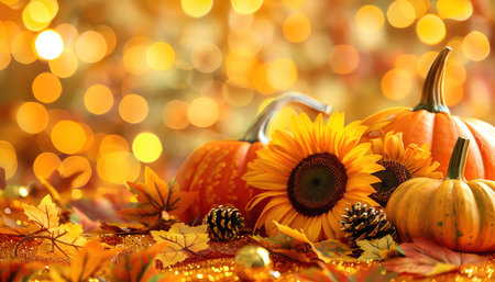A warm, festive Thanksgiving arrangement featuring pumpkins, sunflowers, and autumn leaves with a golden bokeh backgroundの素材