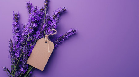 Lavender flowers adorned with a blank tag, placed on a purple surface, offer a calming visual suitable for various designs and messages.の素材