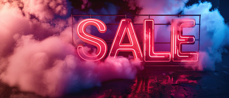 Vivid neon 'SALE' sign surrounded by dramatic smoke, creating a high-impact visual for promotions and discounts.の素材