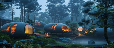 Futuristic pod-like eco homes glow warmly among misty trees, showcasing innovative and sustainable architecture.の素材