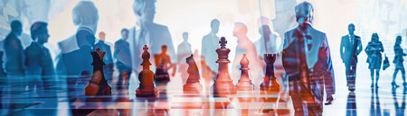 The conceptual overlay of chess pieces and businessmen symbolizes strategic planning and leadership in business.の素材