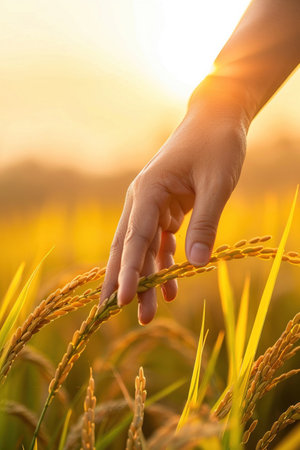 Close-up of a person's hand touching rice plants in a golden paddy field during sunset, symbolizing agriculture.の素材