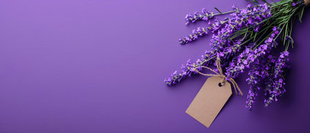 Lavender flowers adorned with a blank tag, placed on a purple surface, offer a calming visual suitable for various designs and messages.の素材