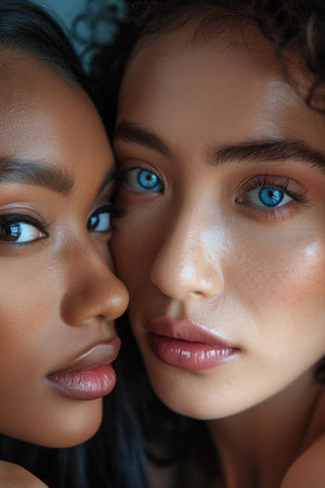 Close-up of three diverse women with striking eyes and beautiful makeup showcasing diversity and beauty.の素材