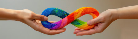 Hands gently hold a rainbow-colored infinity symbol, representing concepts such as endless possibilities, diversity, and inclusion.の素材