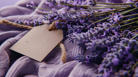 Lavender flowers adorned with a blank tag, placed on a purple surface, offer a calming visual suitable for various designs and messages.の素材