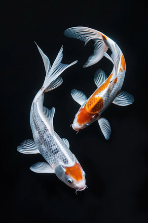 Two ethereal koi fish glide through dark waters, creating a serene underwater dance in a tranquil pond.の素材