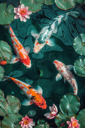 Colorful koi fish elegantly swim in clear pond water surrounded by floating pink flowers and green leaves.の素材