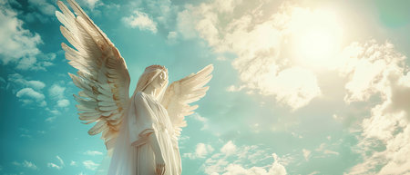 Majestic angel with large white wings standing against a sky background, a conceptual spiritual imageの素材