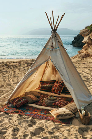 A bohemian-styled teepee with comfortable cushions set on a sandy beach, perfect for a relaxed outdoor retreat.の素材