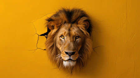 A bold lion face breaking through a yellow wall, symbolizing power, courage, and breaking barriers.の素材