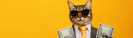 A confident cat in a business suit and sunglasses holding dollar bills against a vibrant yellow background.の素材