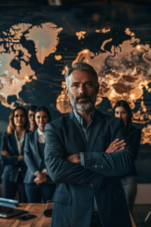 A confident male business leader stands with crossed arms in front of a diverse team, with a glowing world map as a backdrop.の素材