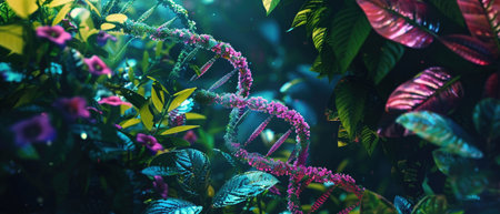A digital art concept depicting a DNA double helix intertwined with vibrant plant life.の素材