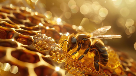 A diligent honeybee gathers nectar on a glistening honeycomb, illustrating the natural process of honey production.の素材