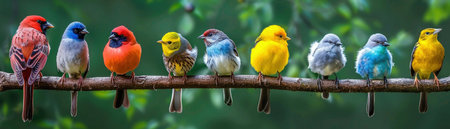 A diverse line-up of colorful birds perched on a tree branch against a tranquil green forest backdrop.の素材