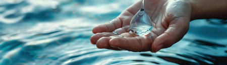 A Hands delicately holding a pristine water drop, save water day.の素材