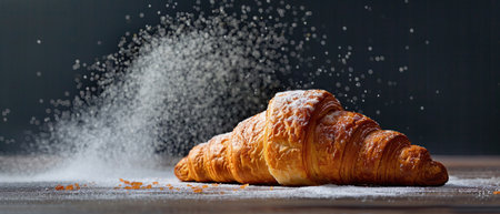 A freshly baked croissant is dusted with sprinkles of sugar, capturing a moment of culinary delight.の素材