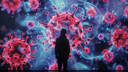 A man stands in contemplation before a large-scale holographic representation of the coronavirus, reflecting on the global pandemic.の素材