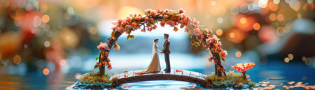 A Miniature wedding figurines of a bride and groom stand under a floral arch on a charming little bridge, a whimsical representation of a wedding day.の素材