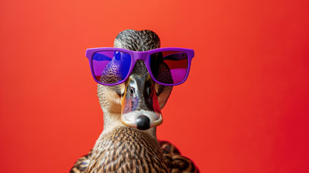 A quirky portrait of a duck sporting stylish purple sunglasses against a vibrant red background.の素材