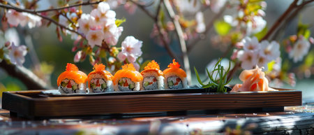 A set of traditional Japanese sushi delicately placed on a dark wooden tray against the backdrop of blooming cherry blossoms.の素材