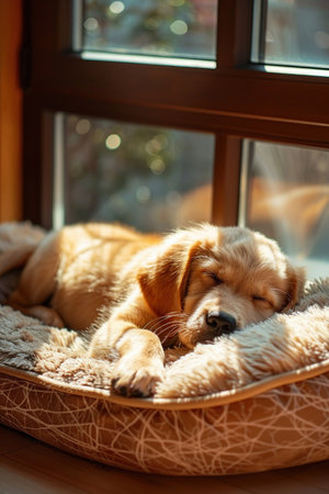 A sleepy golden retriever puppy taking a peaceful nap on a cozy dog bed inside a warm, sunlit home.の素材