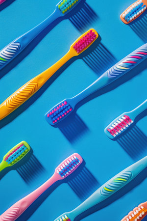 A vibrant array of colorful toothbrushes neatly lined up against a bright blue background, promoting dental hygiene.の素材