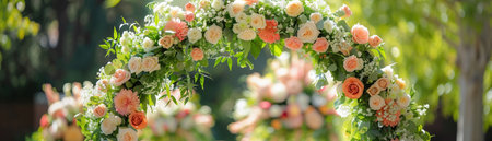 A stunning floral archway at a wedding provides a beautiful entrance, symbolizing the couple's first steps into a bright future together.の素材