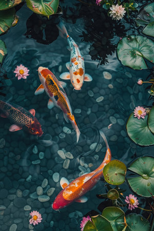 Colorful koi fish elegantly swim in clear pond water surrounded by floating pink flowers and green leaves.の素材