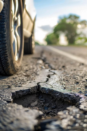 Close-up of a car tire near a dangerous pothole on a worn asphalt road, highlighting infrastructure issues.の素材