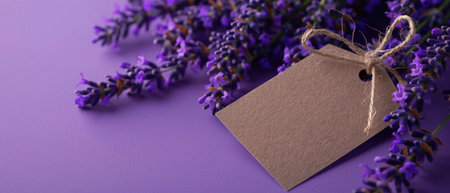 Lavender flowers adorned with a blank tag, placed on a purple surface, offer a calming visual suitable for various designs and messages.の素材