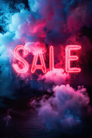 Vivid neon 'SALE' sign surrounded by dramatic smoke, creating a high-impact visual for promotions and discounts.の素材