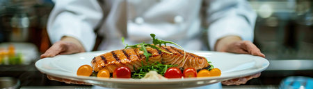 A chef in a white uniform proudly presents a gourmet grilled salmon dish garnished with fresh greens and cherry tomatoes, ready for fine dining.の素材