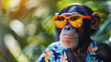 A cool chimpanzee sporting orange sunglasses and a colorful Hawaiian shirt, exuding a laid-back summer vibe.の素材