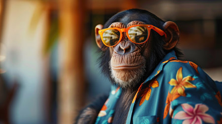 A cool chimpanzee sporting orange sunglasses and a colorful Hawaiian shirt, exuding a laid-back summer vibe.の素材