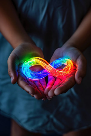 A child's hands carefully holding a glowing rainbow-colored infinity symbol, portraying concepts of endless possibilities and imagination.の素材
