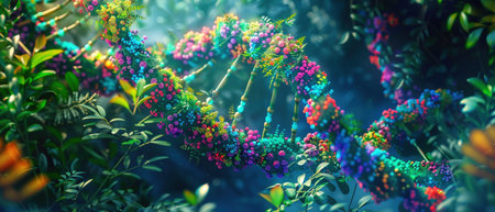A digital art concept depicting a DNA double helix intertwined with vibrant plant life.の素材
