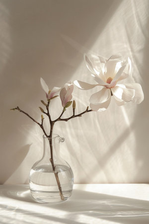 A delicate magnolia flower stands elegantly in a clear glass vase on a white table, creating a minimalist aesthetic.の素材