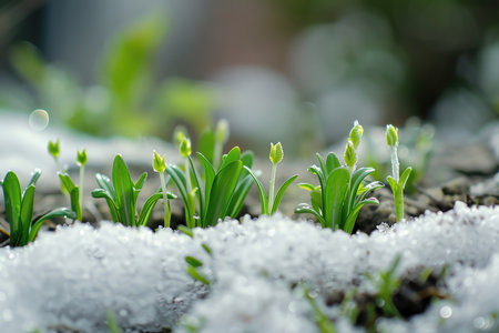 Green sprouts bravely emerge through a blanket of melting snow, signaling the hopeful start of spring and new beginningsの素材
