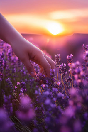 A gentle hand brushes through a field of lavender flowers during a serene sunset, evoking a sense of peace.の素材