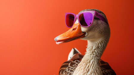 A quirky portrait of a duck sporting stylish purple sunglasses against a vibrant red background.の素材