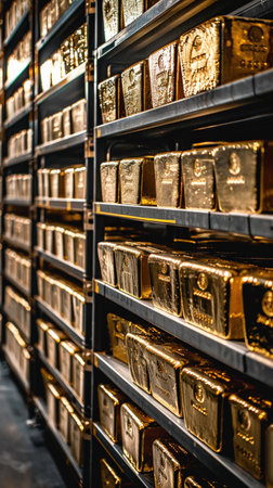 Neatly stacked gold bullion bars forming a luxurious golden row in a secure storage facility.の素材