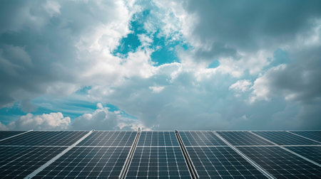 An array of black solar panels installed on a roof against a cloudy sky, symbolizing sustainable energy.の素材