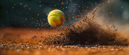 Tennis ball skidding on clay, macro shot, flying dirt frozen in motionの素材
