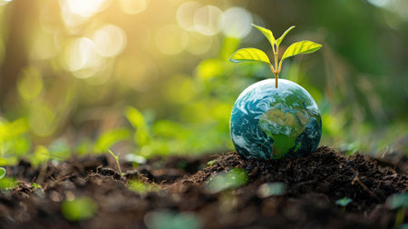 Globe seedling, nurturing environment, bright background, sustainability theme, soft focusの素材