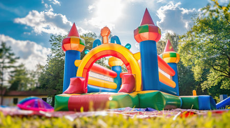 Inflatable castle in sunny park, vibrant joy, playtime fun, colorful leisure, clear dayの素材