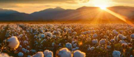 Cotton field at sunset, mountains backdrop, vibrant colors, low angle, golden hourの素材