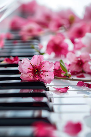 Piano keys with blooming flowers, music and nature fusion, petals on white, spring melodyの素材