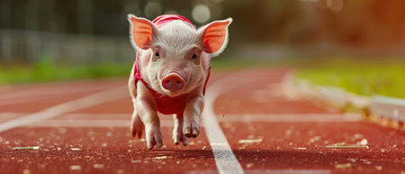 A humorous image of a piglet dressed in an athletic suit, humorously captured sprinting on a running track.の素材